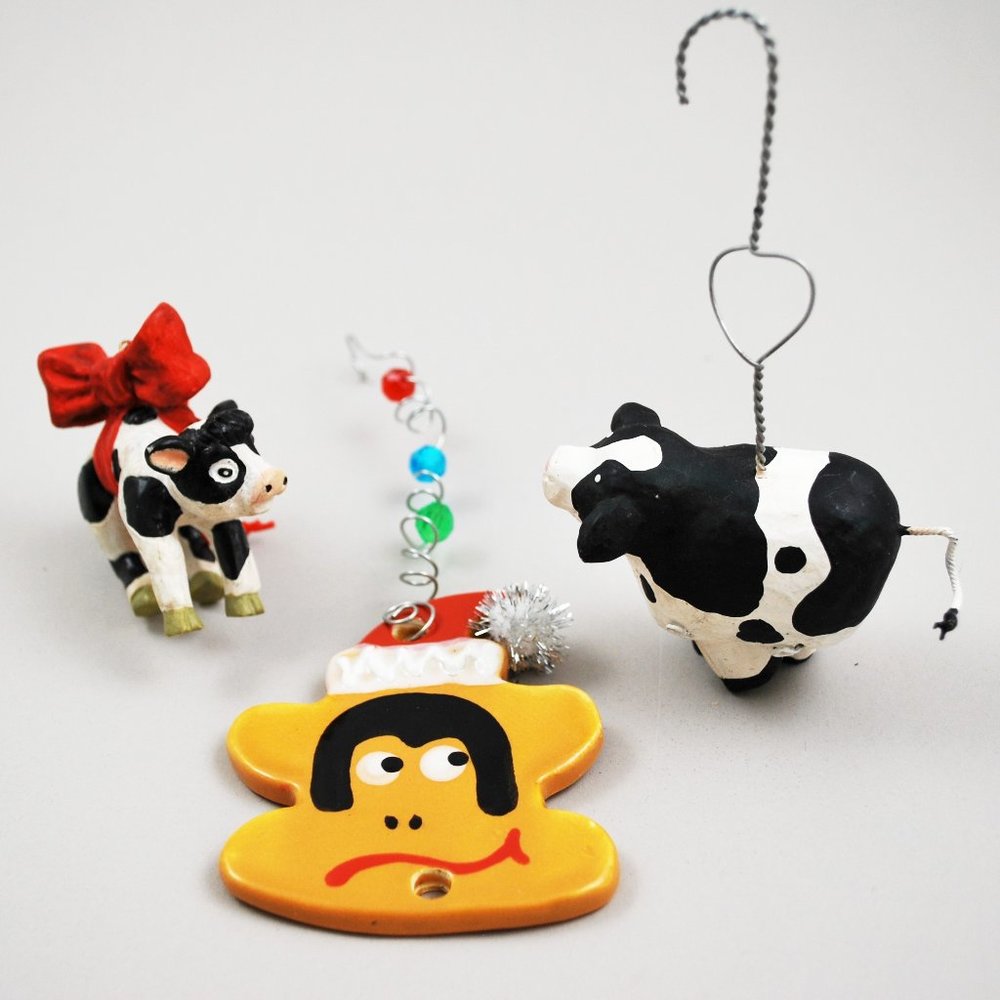 Set of 3 Cow Christmas Tree Vintage Ornaments Wood, Porcelain, Ceramic